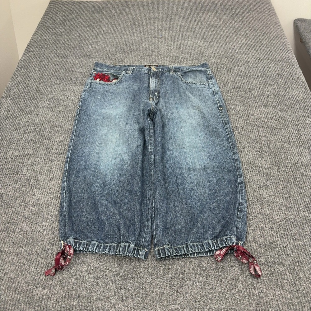 Vintage Miskeen Denim Shorts Men 38 Blue Cotton Baggy Embroidered Y2K Streetwear